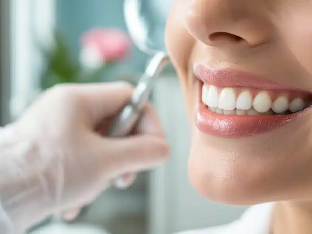 Närbild av rena, friska tänder med reflektion av tandverktyg i en lugn, modern klinikmiljö som symboliserar tandvård och hygien.