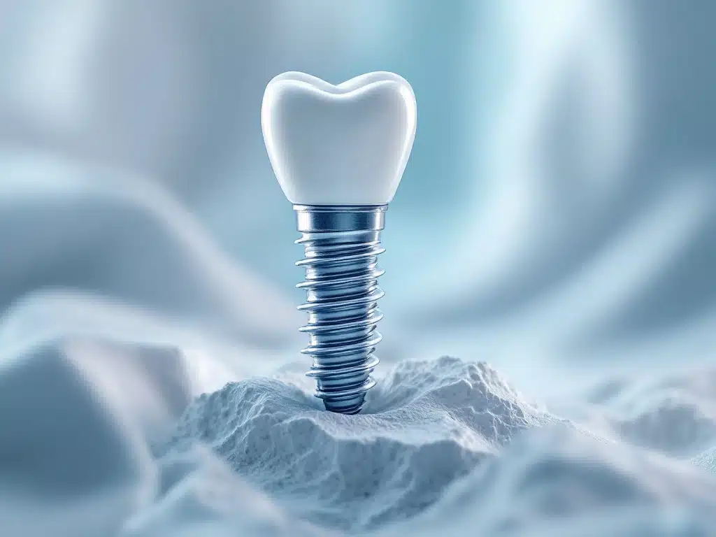 Close-up of a dental implant with metallic sheen, showing screw threads and abutment on a clean, light blue and white background.
