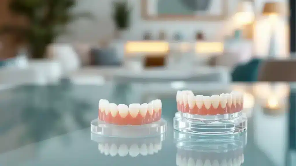 Närbild av en modern tandklinik med fulla och partiala proteser på ett glasbord, omgiven av en lugnande och estetisk miljö.